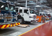 Apparatus are lined up in the final stages of assembly at Pierce&apos;s Appleton, Wis., factory. Members of the media were invited to tour the factory and view a brand new cab and chassis.