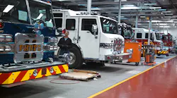 Apparatus are lined up in the final stages of assembly at Pierce's Appleton, Wis., factory. Members of the media were invited to tour the factory and view a brand new cab and chassis.