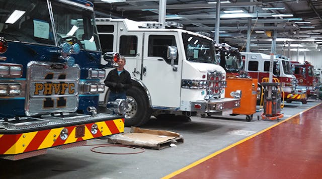 Apparatus are lined up in the final stages of assembly at Pierce&apos;s Appleton, Wis., factory. Members of the media were invited to tour the factory and view a brand new cab and chassis.