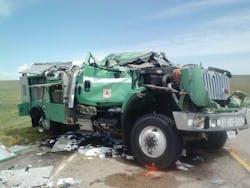 Three firefighters were responding to a wildland call in Wyoming last summer when their U.S. Forest Service Type 3 engine was involved in a rollover accident. The engine was destroyed, but the crew survived. They were seated and belted, and escaped through the driver's-side door. Three firefighters were responding to a wildland call in Wyoming last summer when their U.S. Forest Service Type 3 engine was involved in a rollover accident. The engine was destroyed, but the crew survived. They were seated and belted, and escaped through the driver's-side door.