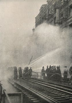 Fifty New York City firemen were overcome while battling a blaze in a cheese warehouse on Greenwich Street in Manhattan on July 17, 1921. The Ninth Avenue elevated subway was shut down for six hours to help firemen battle the fire.