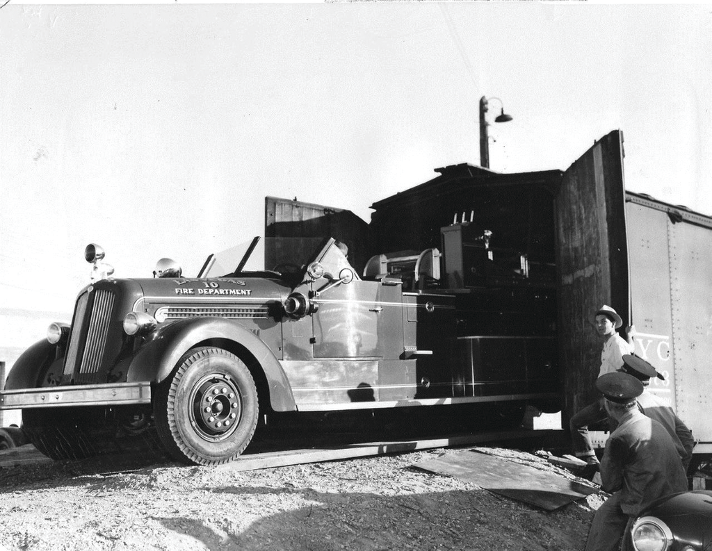 The Las Vegas Fire Department's new 65-foot Seagrave ladder truck arrived in the city by rail on April 16, 1949. The truck was kept at Fire Station One downtown.
