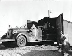 The Las Vegas Fire Department's new 65-foot Seagrave ladder truck arrived in the city by rail on April 16, 1949. The truck was kept at Fire Station One downtown. The Las Vegas Fire Department's new 65-foot Seagrave ladder truck arrived in the city by rail on April 16, 1949. The truck was kept at Fire Station One downtown.