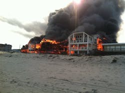 The seven-alarm fire burned out of control for two hours. The seven-alarm fire burned out of control for two hours.