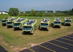 Oshkosh Airport Products Group announced that 25 newest generation Oshkosh&circledR; Striker&circledR; 6 x 6 Aircraft Rescue and Fire Fighting (ARFF) vehicles have been purchased by the Administracion Nacional de Aviacion Civil of Argentina (ANAC). Pictured here are seven vehicles now on duty in the country.