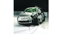 The new, small overlap test has the vehicle strike a fixed barrier at 40 mph. The structural damage mainly along the driver&apos;s side of this 2013-14 Fiat 500 is because only that 25% of the front of the vehicle actually contacts the barrier. This test simulates a two-way traffic, cross-over collision into another vehicle, a tree or a pole.