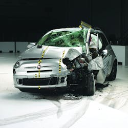 The new, small overlap test has the vehicle strike a fixed barrier at 40 mph. The structural damage mainly along the driver's side of this 2013-14 Fiat 500 is because only that 25% of the front of the vehicle actually contacts the barrier. This test simulates a two-way traffic, cross-over collision into another vehicle, a tree or a pole. The new, small overlap test has the vehicle strike a fixed barrier at 40 mph. The structural damage mainly along the driver's side of this 2013-14 Fiat 500 is because only that 25% of the front of the vehicle actually contacts the barrier. This test simulates a two-way traffic, cross-over collision into another vehicle, a tree or a pole.