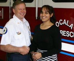 Ocala Assistant Chief Bryan Stoothoff welcomes Ashley Lopez who is assuming responsibilities as the departments public information officer. Ocala Assistant Chief Bryan Stoothoff welcomes Ashley Lopez who is assuming responsibilities as the departments public information officer.