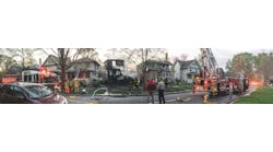 Oak Park, IL, May 5, 2014 &ndash; An early-morning fire spread to the exposures on either side of a 2-1/2-story wood-frame dwelling. Oak Park used a tower ladder, a deck gun and several handlines. Berwyn used a ladder pipe to hit the fire.