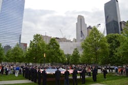 The National 9/11 flag is shown prior to placement. The National 9/11 flag is shown prior to placement.