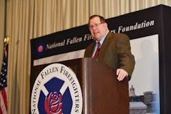 Chief Dennis Compton, chairman of the National Fallen Firefighters Foundation Board of Directors, welcomes attendees to the Tampa2 Summit on firefighter safety.