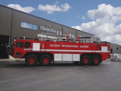 Photo caption: Oshkosh Airport Products Group has placed two Oshkosh® Striker® 8 x 8 aircraft rescue and fire fighting (ARFF) vehicles into service at Calgary International Airport (YYC) in Calgary, Alberta, Canada. The pair of Oshkosh Striker vehicles will support the airport’s new 14,000-foot (4.2 km) long runway set to open in mid June. Photo caption: Oshkosh Airport Products Group has placed two Oshkosh® Striker® 8 x 8 aircraft rescue and fire fighting (ARFF) vehicles into service at Calgary International Airport (YYC) in Calgary, Alberta, Canada. The pair of Oshkosh Striker vehicles will support the airport’s new 14,000-foot (4.2 km) long runway set to open in mid June.