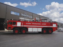 Photo caption: Oshkosh Airport Products Group has placed two Oshkosh&circledR; Striker&circledR; 8 x 8 aircraft rescue and fire fighting (ARFF) vehicles into service at Calgary International Airport (YYC) in Calgary, Alberta, Canada. The pair of Oshkosh Striker vehicles will support the airport&rsquo;s new 14,000-foot (4.2 km) long runway set to open in mid June.