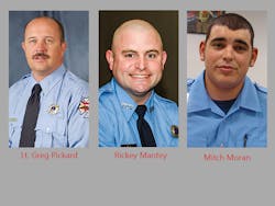 Lt. Greg Pickard (left to right) and firefighters Rickey Mantey and Mitch Moran. Lt. Greg Pickard (left to right) and firefighters Rickey Mantey and Mitch Moran.