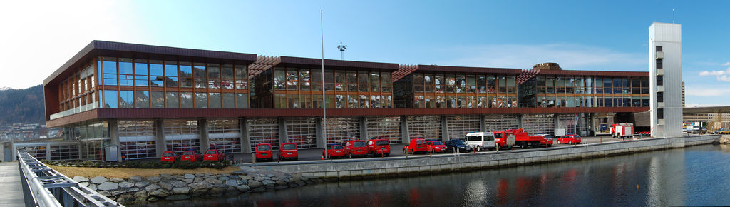 Bergen, Norway's fire station faces the scenic views and backs against a busy highway.