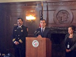 Mayor Eric Garcetti (right) named Ralph M. Terrazas as the new Los Angeles fire chief on Tuesday.