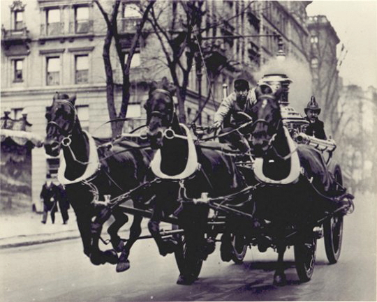 FDNY Engine 47 responds at top speed along Broadway on the Upper West Side of Manhattan circa 1910.