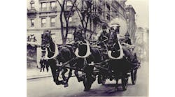 FDNY Engine 47 responds at top speed along Broadway on the Upper West Side of Manhattan circa 1910.