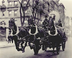 FDNY Engine 47 responds at top speed along Broadway on the Upper West Side of Manhattan circa 1910. FDNY Engine 47 responds at top speed along Broadway on the Upper West Side of Manhattan circa 1910.