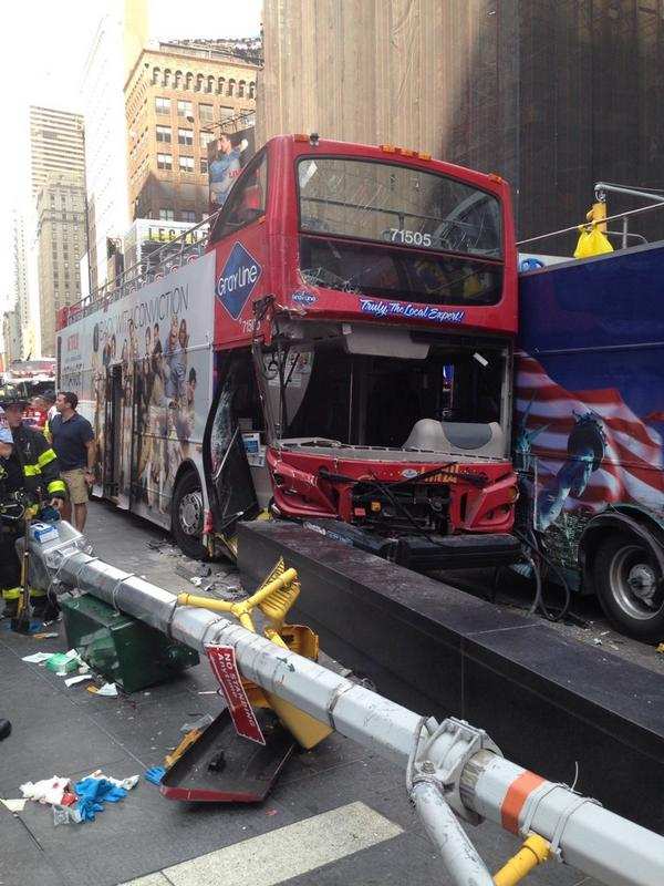 Two double-decker buses collided in Times Square Tuesday afternoon.