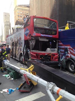 Two double-decker buses collided in Times Square Tuesday afternoon. Two double-decker buses collided in Times Square Tuesday afternoon.
