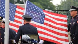 Flags were raised during the annual ceremony at the National Fallen Firefighter Memorial. Flags were raised during the annual ceremony at the National Fallen Firefighter Memorial.