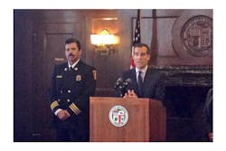 Mayor Eric Garcetti (right) named Ralph M. Terrazas as the new Los Angeles fire chief last week.