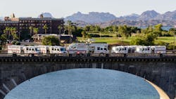 Pierce delivered four Pierce Velocity pumpers and one Pierce Velocity 105-foot heavy-duty ladder to the Lake Havasu Fire Department in Lake Havasu, Arizona, making the department’s entire front line fleet Pierce. The vehicles are shown on the historic London Bridge, which is located in Lake Havasu. Pierce delivered four Pierce Velocity pumpers and one Pierce Velocity 105-foot heavy-duty ladder to the Lake Havasu Fire Department in Lake Havasu, Arizona, making the department’s entire front line fleet Pierce. The vehicles are shown on the historic London Bridge, which is located in Lake Havasu.