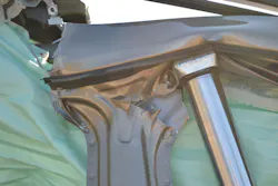 As the power ram creates stress in the upper structure of the vehicle, the metal will tear and separate. With enough force applied in the right location, the entire top of the B-pillar can be separated from the roof rail without any cutting accomplished. At that point, the pillar can be forced down and outward to provide access to the interior.