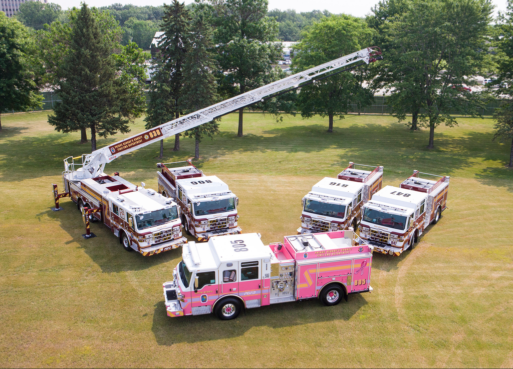 The pink Pierce Velocity pumper nicknamed &ldquo;Courage&rdquo;, one of six Pierce apparatus recently purchased by the department, is shown here with four of the other vehicles. PGFD chose to have the pumper painted pink with a lavender stripe &ndash; the first ever new Pierce vehicle so painted &ndash; as a way to promote its campaign to fight breast cancer and all other types of cancers.