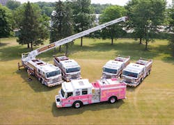 The pink Pierce Velocity pumper nicknamed &ldquo;Courage&rdquo;, one of six Pierce apparatus recently purchased by the department, is shown here with four of the other vehicles. PGFD chose to have the pumper painted pink with a lavender stripe &ndash; the first ever new Pierce vehicle so painted &ndash; as a way to promote its campaign to fight breast cancer and all other types of cancers.
