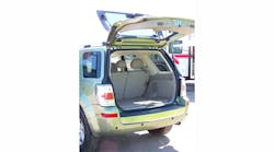 The Mercury Mariner SUV has two lifter struts to assist in opening the heavy liftgate. Note that the rear window glass is hinged and has its own set of smaller lifter struts. These small struts can extend outward when the rear window is broken. The Mercury Mariner SUV has two lifter struts to assist in opening the heavy liftgate. Note that the rear window glass is hinged and has its own set of smaller lifter struts. These small struts can extend outward when the rear window is broken.