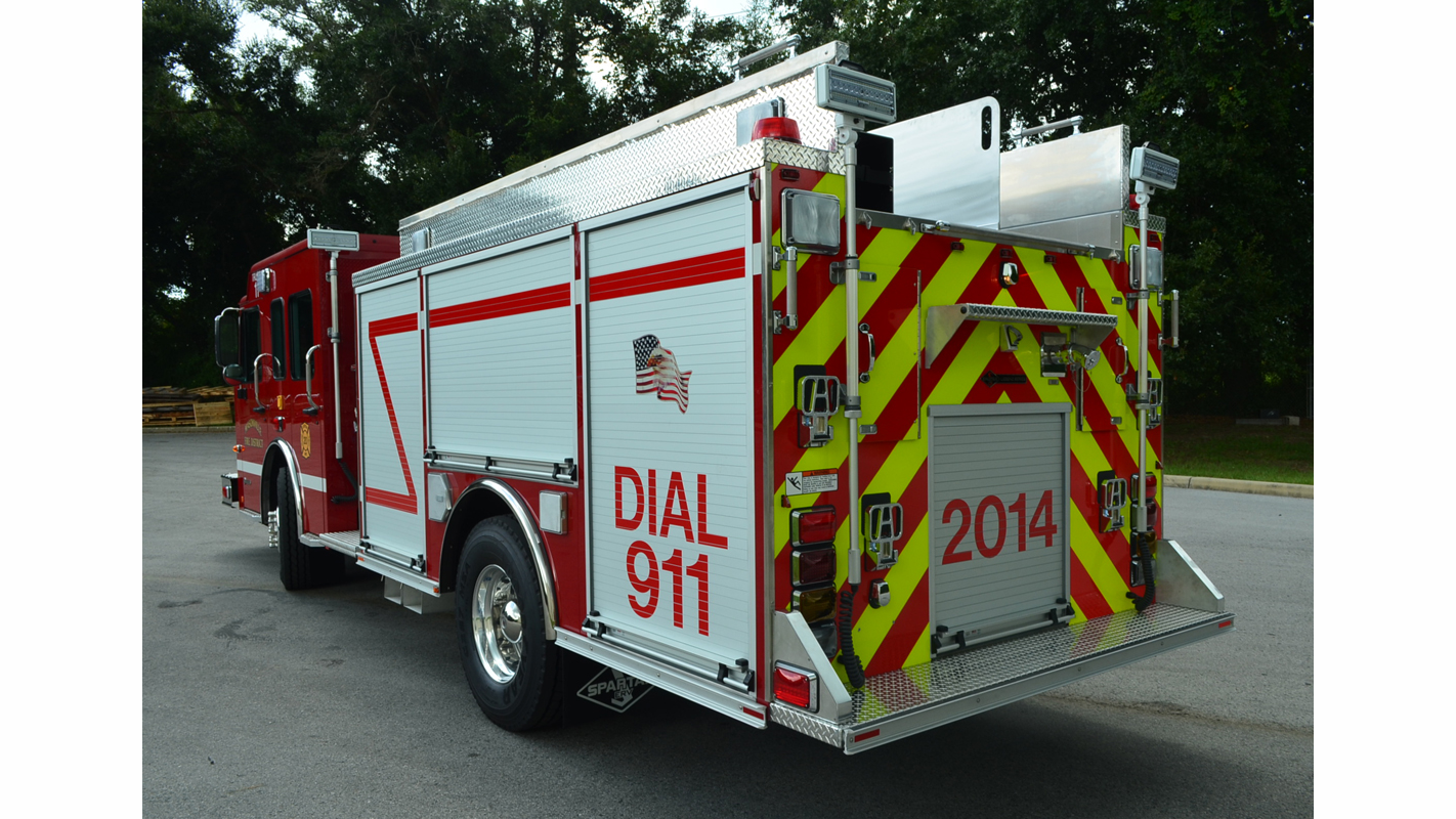 NFPA Chevrons and push up scene lights are just some of the features on the back of Masonville's new engine.