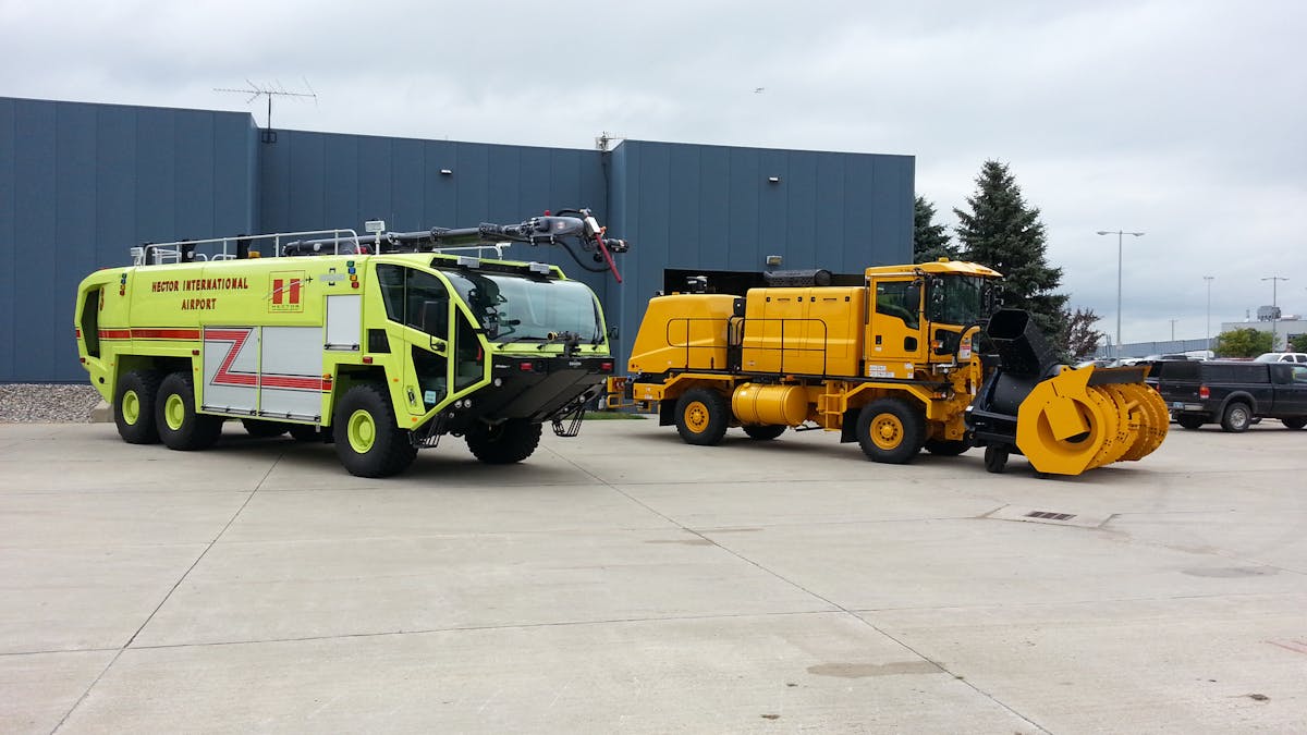 Photo caption: Oshkosh has delivered two new generation Oshkosh Striker Aircraft Rescue and Fire Fighting (ARFF) vehicles and one Oshkosh H-Series high-Speed Blower vehicle to Hector International Airport in Fargo, North Dakota.