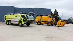 Photo caption: Oshkosh has delivered two new generation Oshkosh Striker Aircraft Rescue and Fire Fighting (ARFF) vehicles and one Oshkosh H-Series high-Speed Blower vehicle to Hector International Airport in Fargo, North Dakota. Photo caption: Oshkosh has delivered two new generation Oshkosh Striker Aircraft Rescue and Fire Fighting (ARFF) vehicles and one Oshkosh H-Series high-Speed Blower vehicle to Hector International Airport in Fargo, North Dakota.