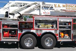 Equipment location and placement is critical to the operational effectiveness of the rig. This 2014 Pierce Arrow XT 100-foot tower serves the Veterans Administration Hospital in Martinsburg, WV. Equipment location and placement is critical to the operational effectiveness of the rig. This 2014 Pierce Arrow XT 100-foot tower serves the Veterans Administration Hospital in Martinsburg, WV.