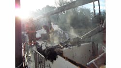 Portland firefighters look over the damaged boat. Portland firefighters look over the damaged boat.