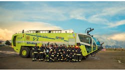 Oshkosh delivered three new Striker 6 X 6 ARFFs to airports in Bolivia. Pictured here is the ARFF team at El Alto International alongside their new Striker. At 4,061 meters (13,325 feet) it is the highest elevation international airport in the world.