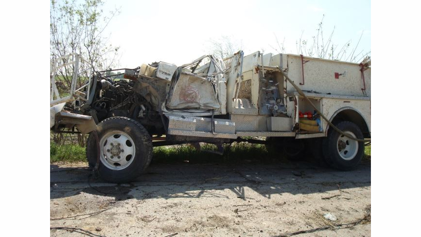 A photo showing the damage to West Fire Department's brush rig F-6 following the deadly blast.