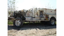 A photo showing the damage to West Fire Department&apos;s brush rig F-6 following the deadly blast.