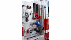 The right-side pump panel on the Ulster, NY, Seagrave pumper provided for low crosslays, electric cable reel and hand tools. Note the placement of the tools on the cab and running board along with color-coded large-diameter hose (LDH) adapters. The right-side pump panel on the Ulster, NY, Seagrave pumper provided for low crosslays, electric cable reel and hand tools. Note the placement of the tools on the cab and running board along with color-coded large-diameter hose (LDH) adapters.