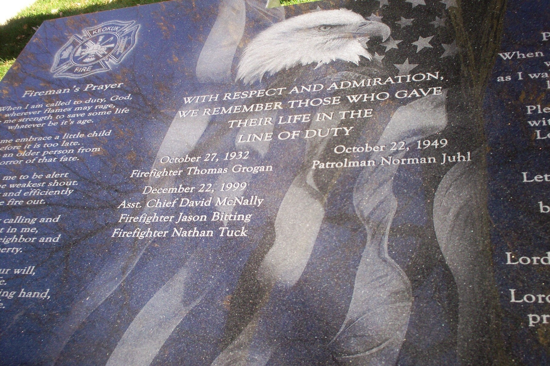 This memorial plaque sits outside the Keokuk fire and police station.