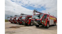 Oshkosh has placed six new Oshkosh Striker aircraft rescue and firefighting vehicles into service at Manchester Airport in the United Kingdom. All six identically equipped apparatus feature the innovative Snozzle high-reach extendable turret (HRET).