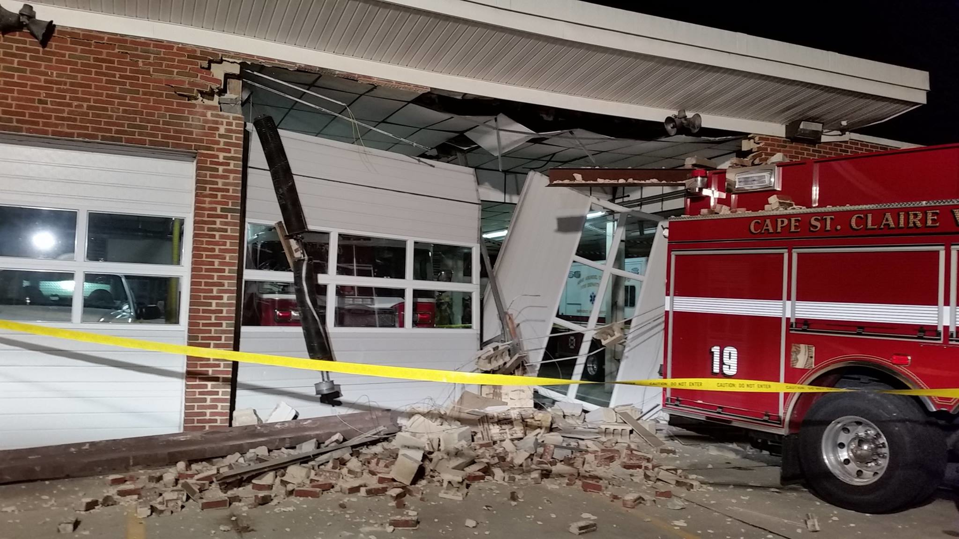 Anne Arundel County Engine 194 backed in to a column between two bay doors, causing a section of the structure to collapse.