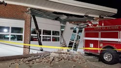 Anne Arundel County Engine 194 backed in to a column between two bay doors, causing a section of the structure to collapse. Anne Arundel County Engine 194 backed in to a column between two bay doors, causing a section of the structure to collapse.