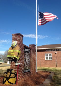 A memorial for Forbush's chief was placed in front of the station after the passing of Chief Ricky Doub. A memorial for Forbush's chief was placed in front of the station after the passing of Chief Ricky Doub.