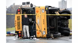 The other bus suffered front-end damage. The other bus suffered front-end damage.