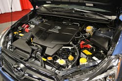 Photo 1. The Subaru XV CrossTrek hybrid has two 12-volt batteries under the hood because it has an engine Auto Stop/Start feature. Photo 1. The Subaru XV CrossTrek hybrid has two 12-volt batteries under the hood because it has an engine Auto Stop/Start feature.