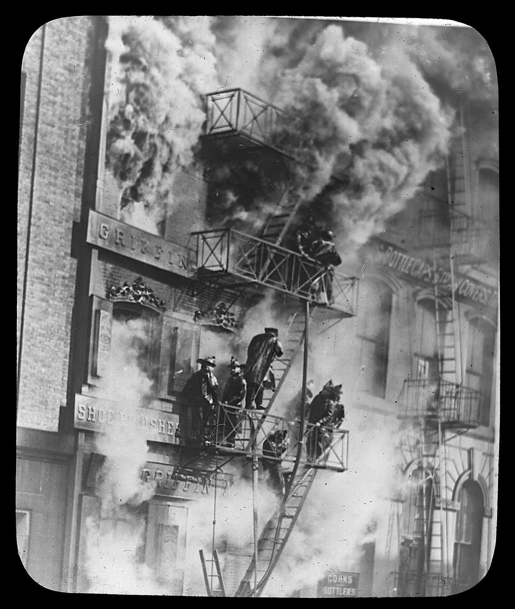 NEW YORK CITY: FEB. 19, 1915 &ndash;Two traffic police officers noticed a fire at West Broadway and Warren Street in lower Manhattan and pulled a nearby alarm box, then raced into the five-story brick building to warn the occupants.