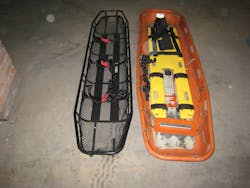 What is available in your cache to remove a victim? In this case, the litter on the left is a confined-space litter; it is only 17 inches wide at the widest point. This is the preferred litter for manipulating through tight entry portals.